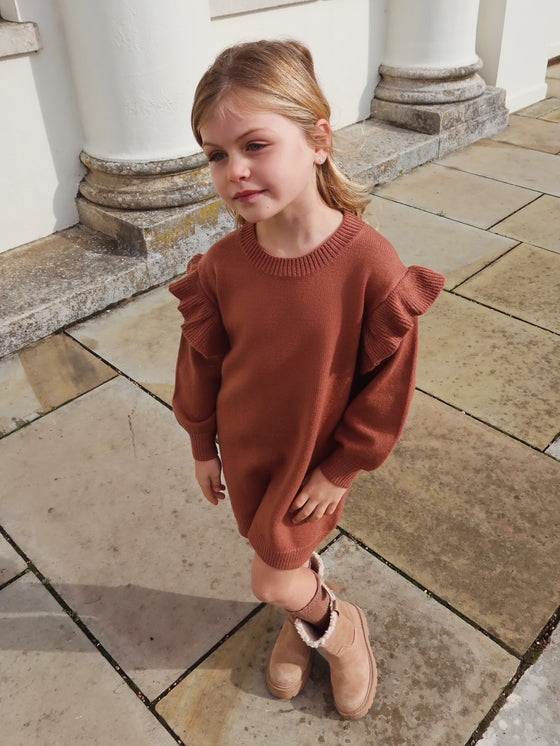Edie Knitted Frill Jumper Dress - Cocoa