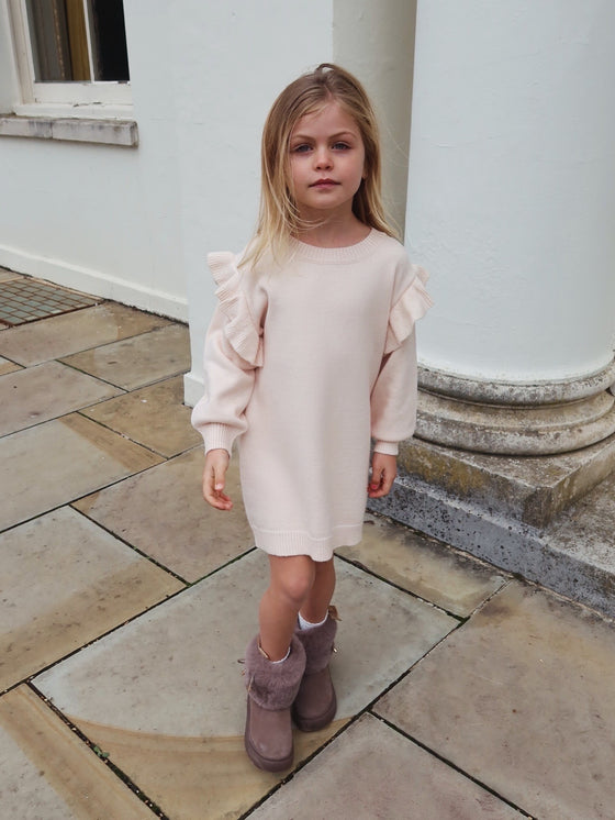 Edie Knitted Frill Jumper Dress - Cream